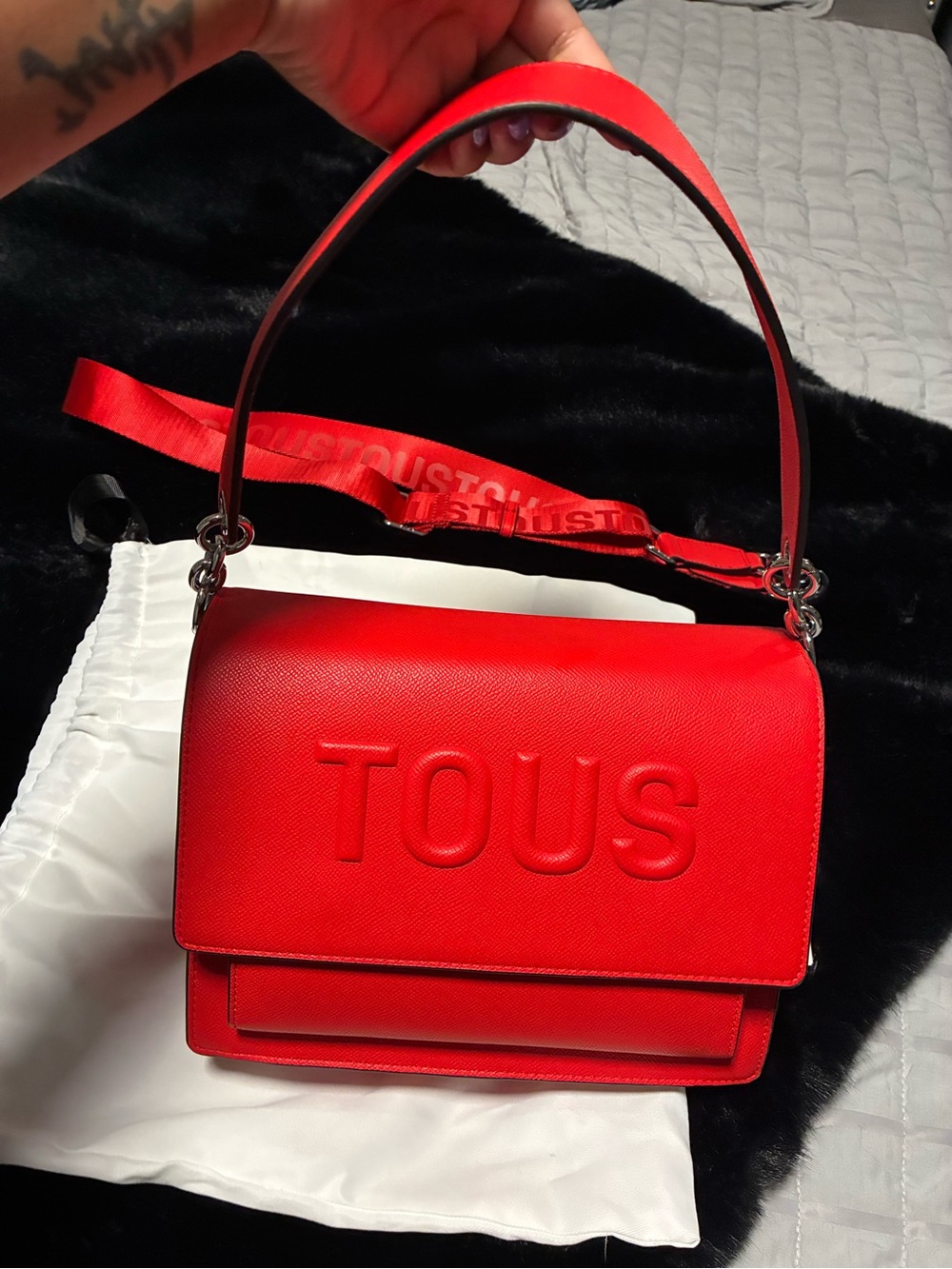 Authentic TOUS Red Embossed Leather Shoulder Bag